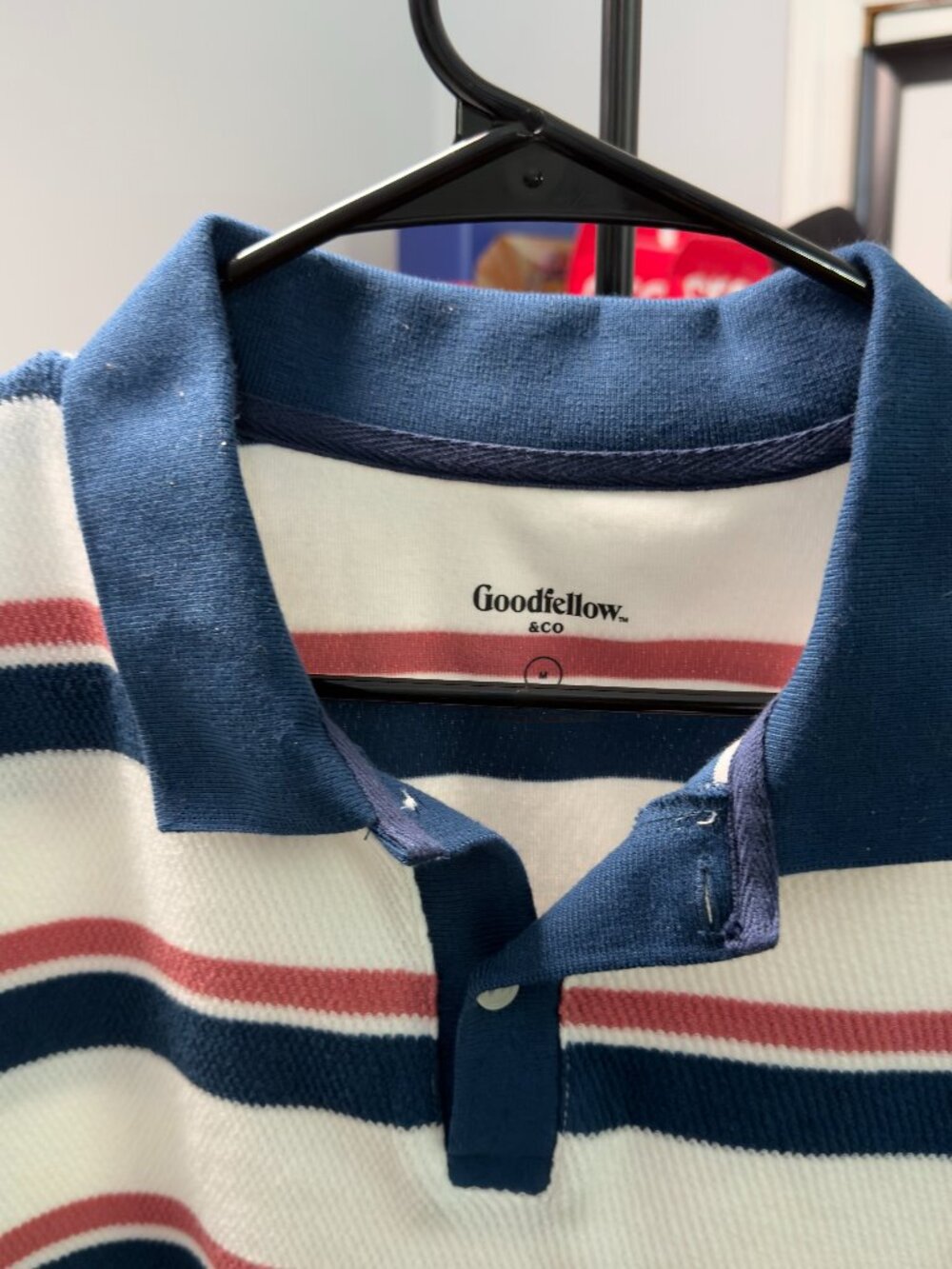 Goodfellow & Co Striped Polo Shirt Men's Medium Cream Navy Coral Short Sleeve
